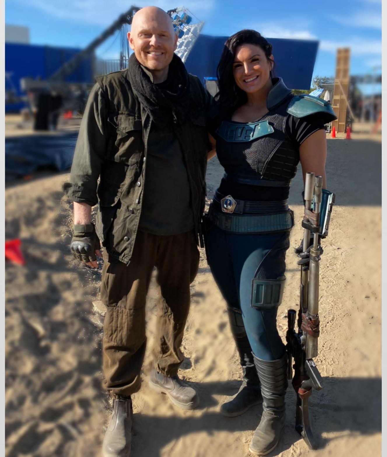 Gina Carano on the set of The Mandalorian with Bill Burr
