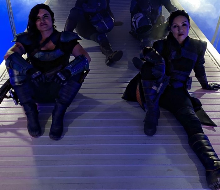 Gina Carano on the set of The Mandalorian with Ming-Na Wen