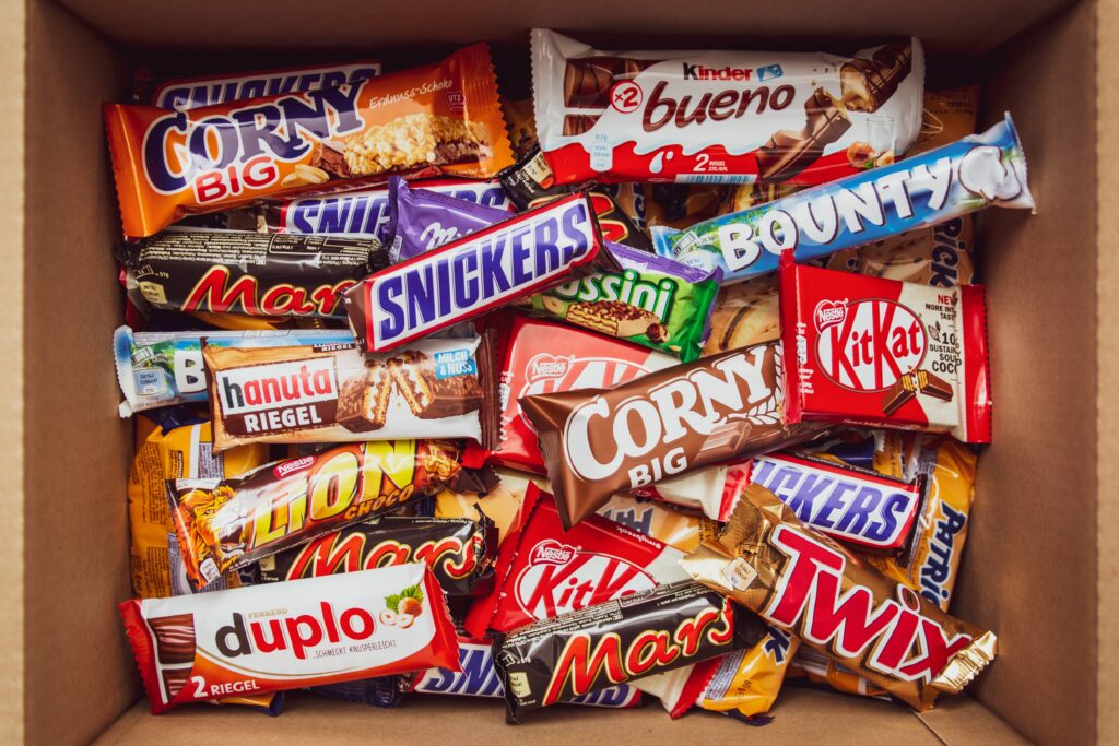 A box full of various chocolate bars