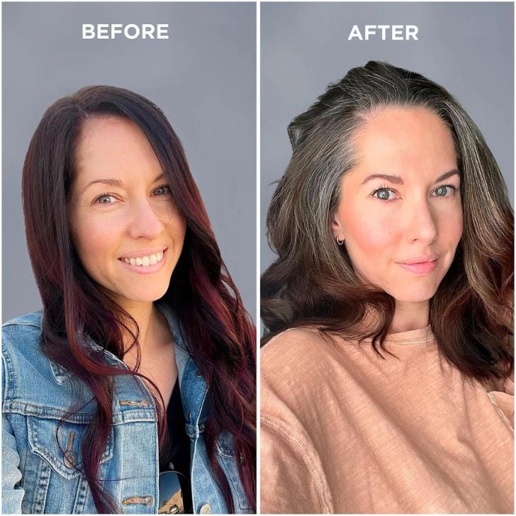 Before and after hair photos of a model who used Go Gray's Clarifying Duo.