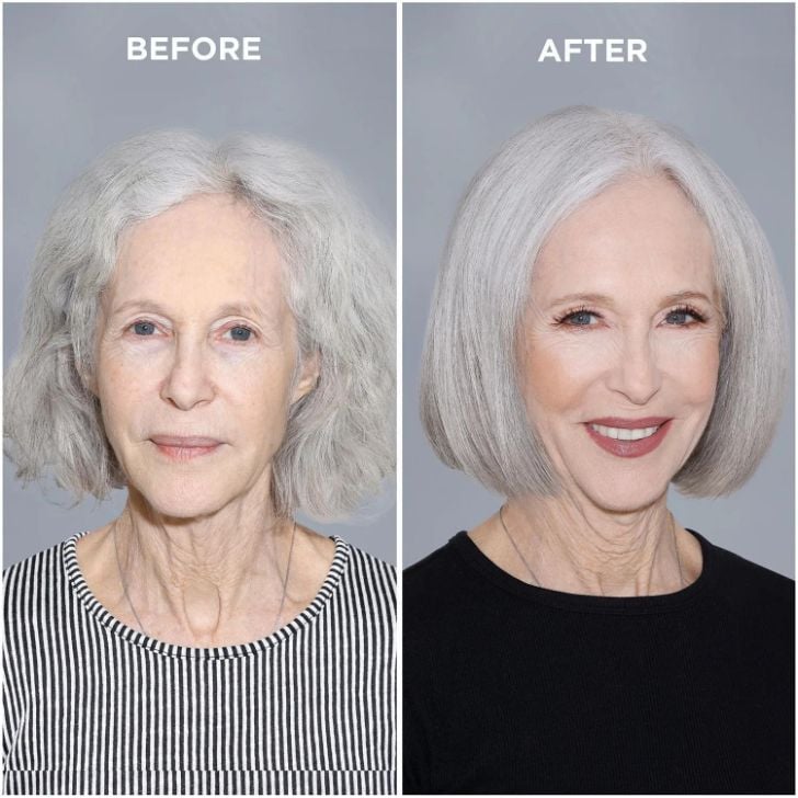 Before and after hair photos of a model who used Go Gray's Purple Toning Masque.