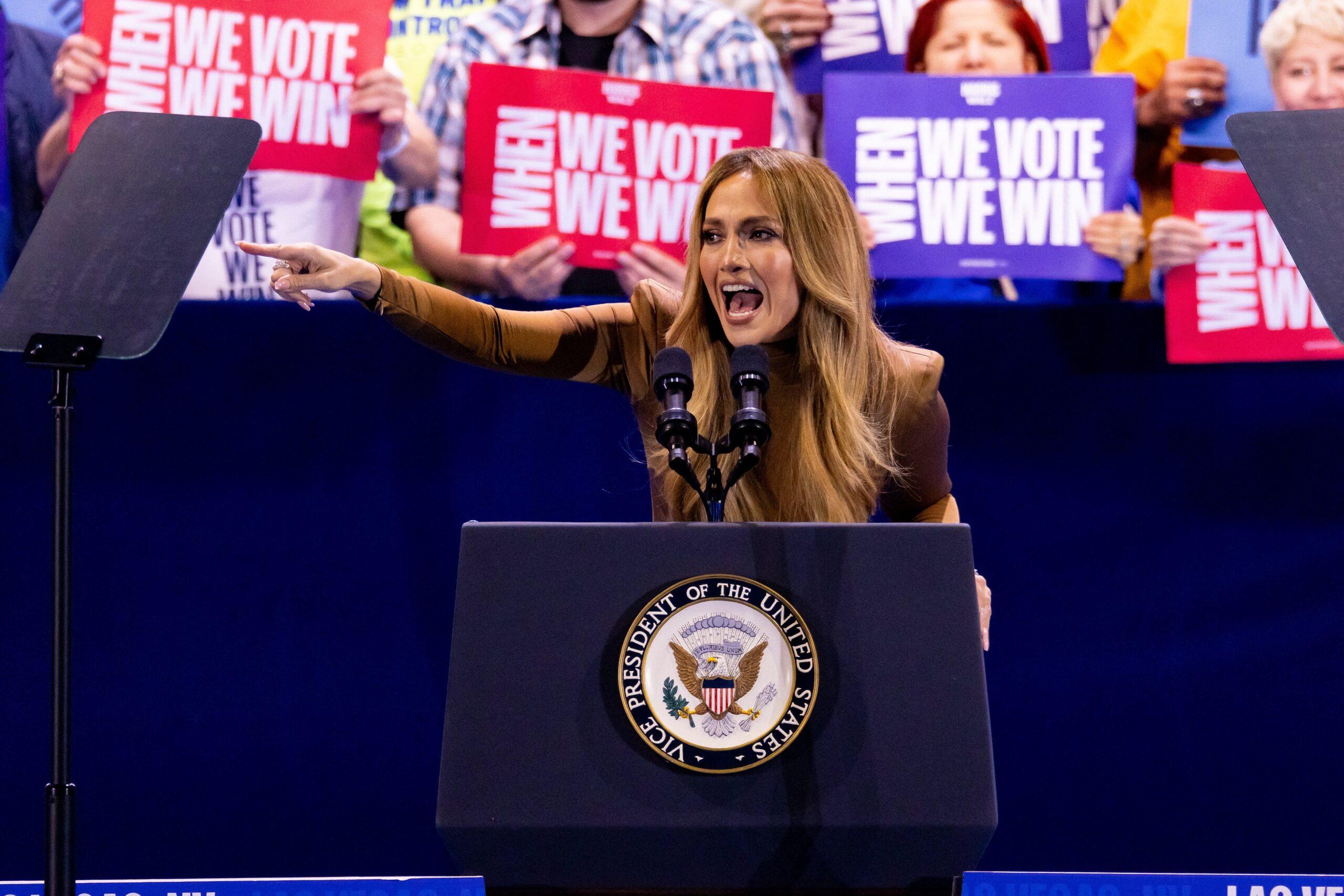 Jennifer Lopez speaks during a campaign event at Craig Ranch Amphitheater